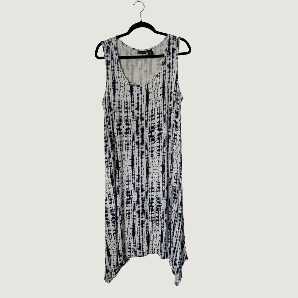 Tahari Dress Women 1X Blue White Tie Dye Sharkbite Hem Sleeveless Scoop Neck